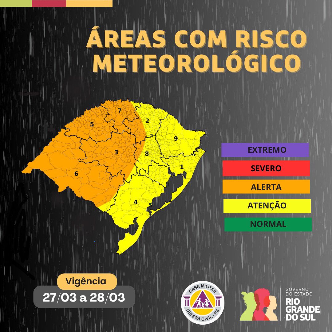 Defesa Civil divulga alerta para chuva forte e temporais nesta quinta e sexta