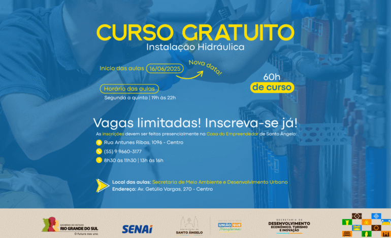 Curso gratuito de instalador hidráulico tem nova data de início