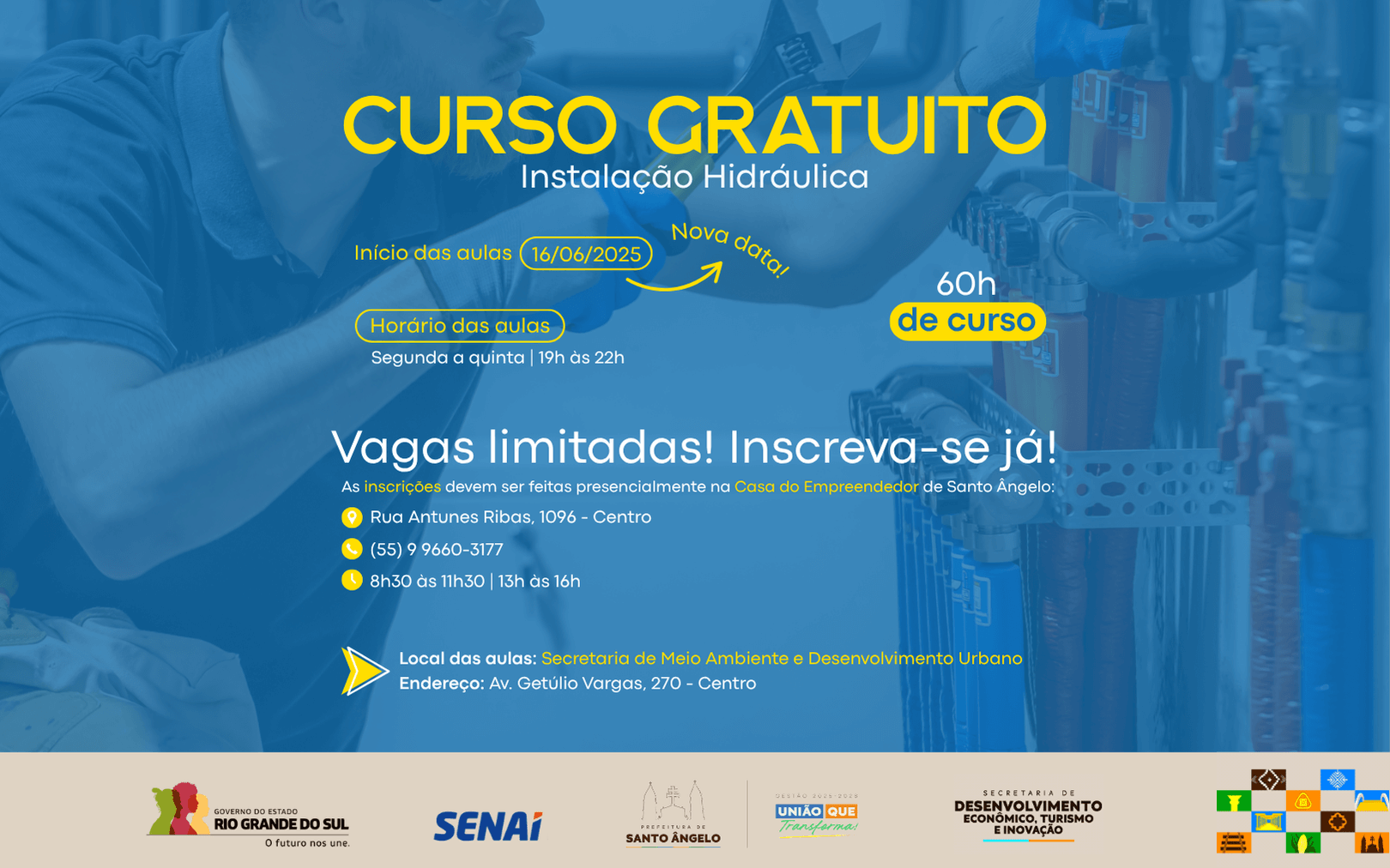 Curso gratuito de instalador hidráulico tem nova data de início