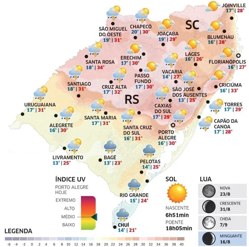 Sexta-feira será marcada por instabilidade, calor e risco de temporais no RS