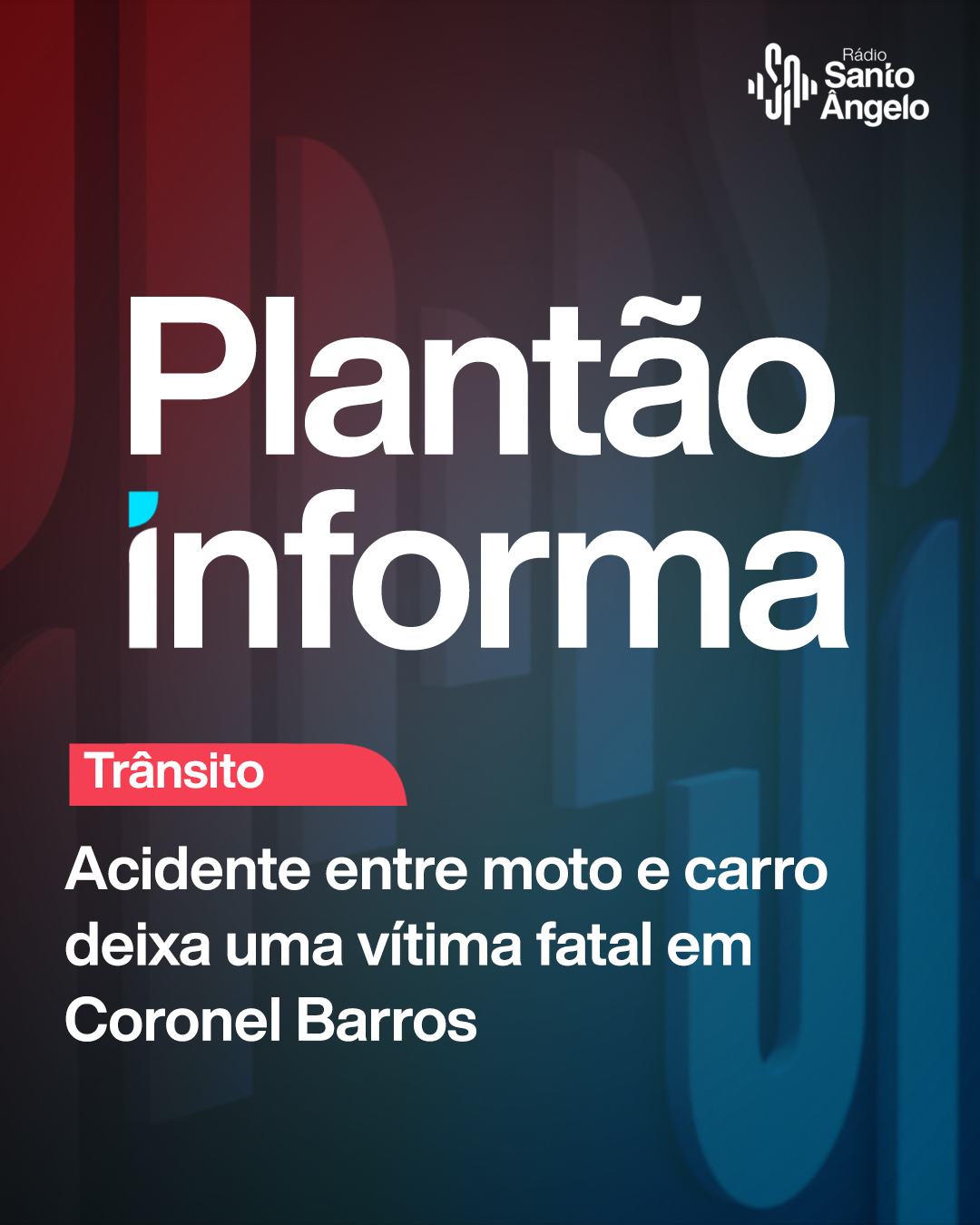 Acidente entre moto e carro deixa uma vítima fatal em Coronel Barros