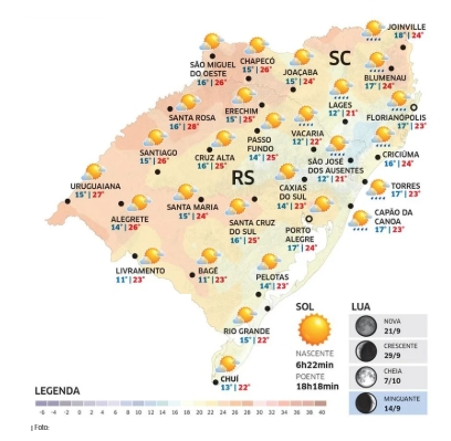 Terça-feira terá tempo nublado e chance de chuva isolada no RS