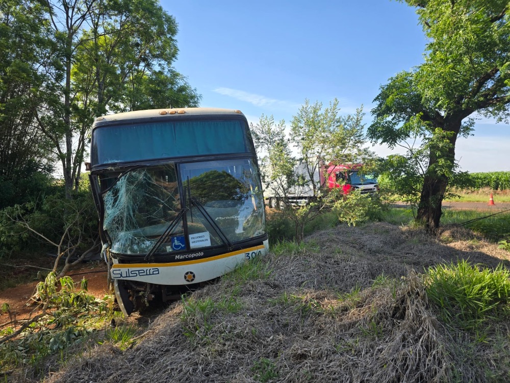 Ônibus da Sulserra sai da pista após colisão com caminhão na ERS-344, em Giruá