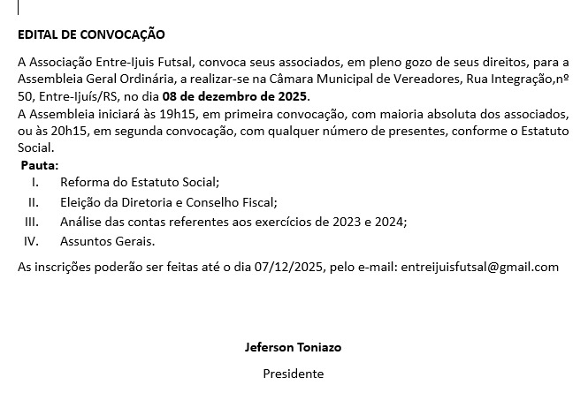 Associação Entre-Ijuís de Futsal convoca associados para assembleia geral ordinária