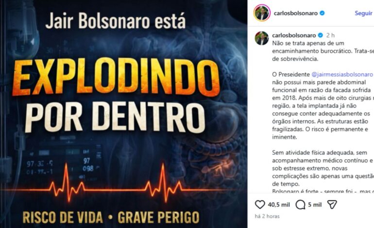 ‘Explodindo por dentro’: Carlos faz revelação sobre a saúde de Bolsonaro após 8 cirurgias