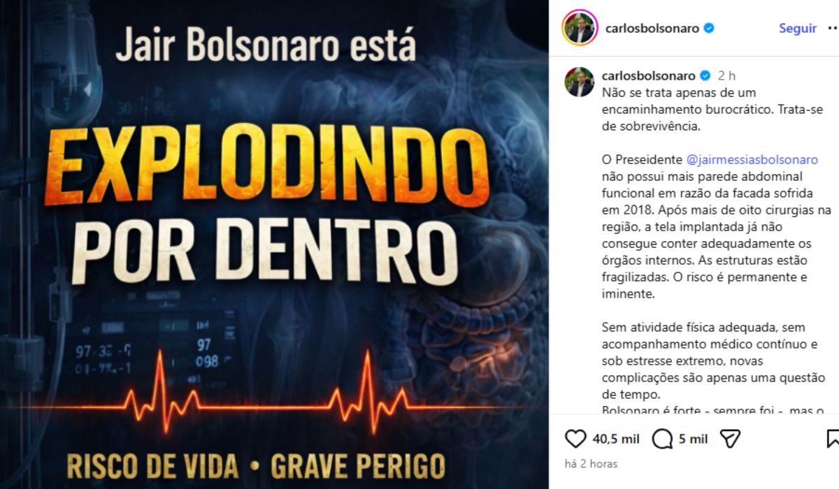 ‘Explodindo por dentro’: Carlos faz revelação sobre a saúde de Bolsonaro após 8 cirurgias