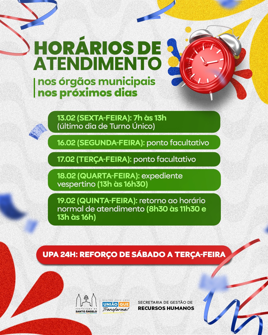 Prefeitura de Santo Ângelo divulga horários de atendimento para o período de Carnaval