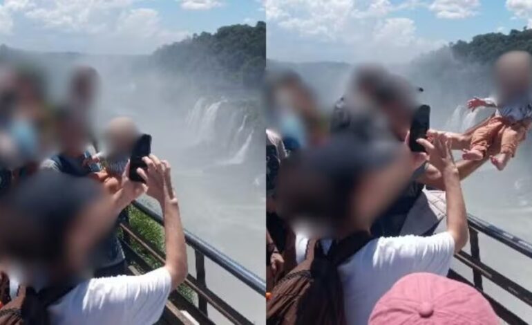 Homem arrisca vida de bebê para foto em mirante das Cataratas do Iguaçu