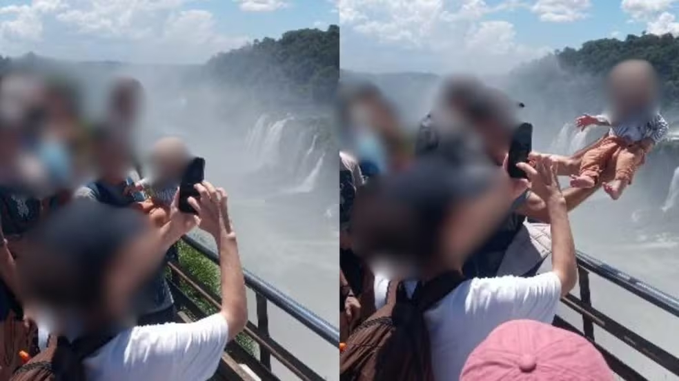 Homem arrisca vida de bebê para foto em mirante das Cataratas do Iguaçu