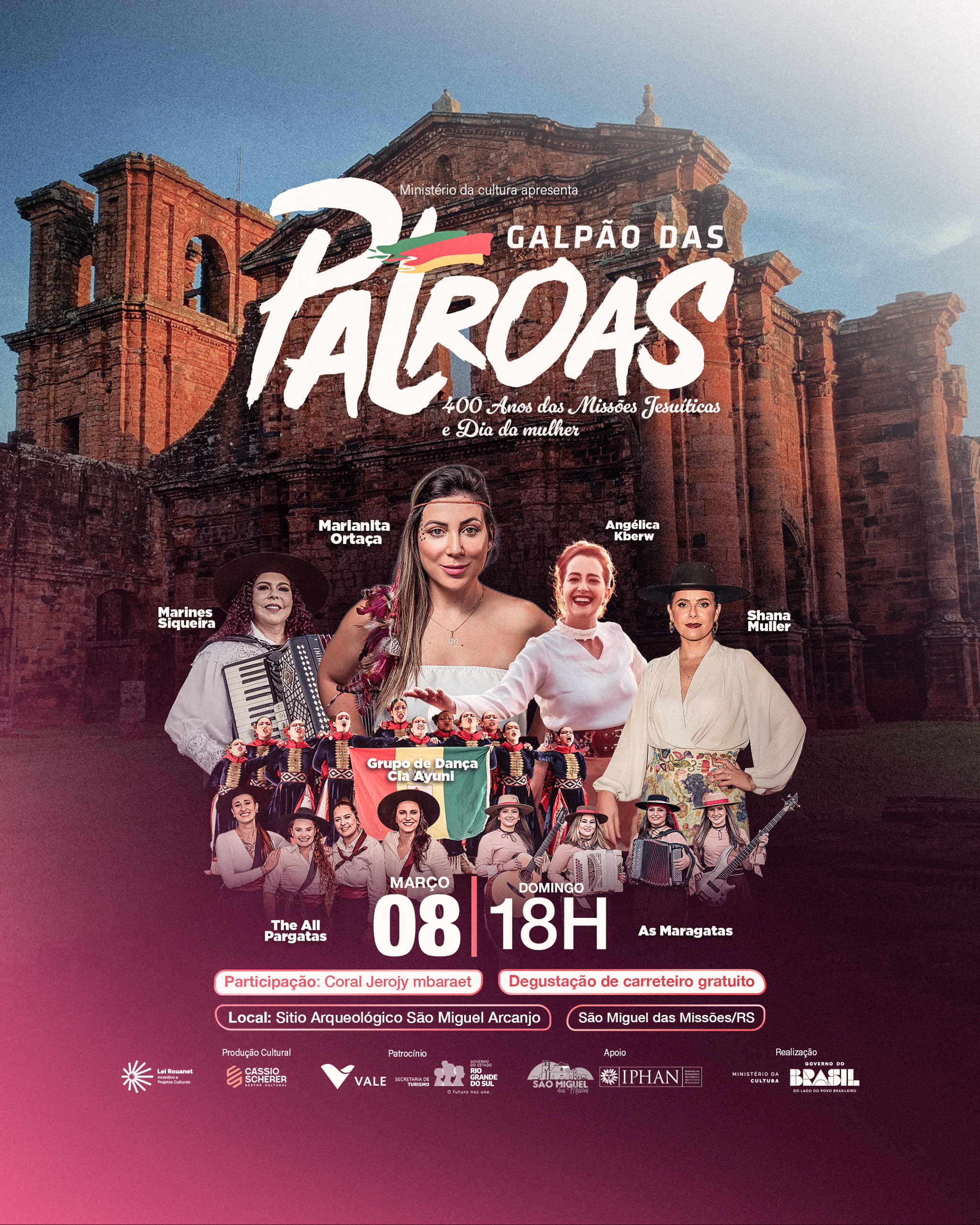 Galpão das Patroas leva shows gratuitos às Ruínas de São Miguel em celebração aos 400 anos das Missões.