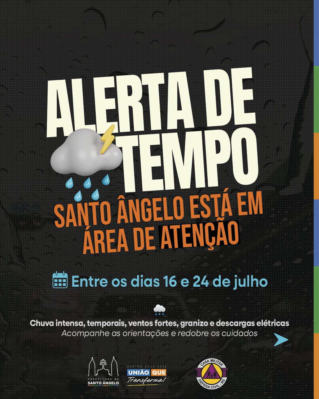 Prefeitura de Santo Ângelo orienta população diante da previsão de tempo severo para os próximos dias
