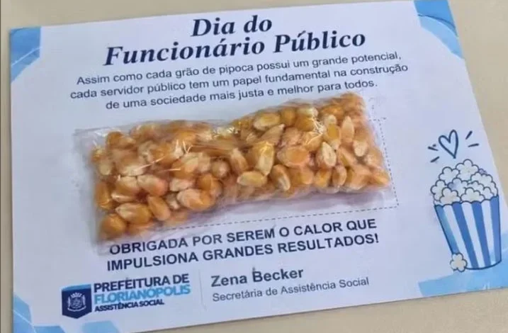 Prefeitura de Florianópolis é criticada ao presentear servidores com milho de pipoca cru no Dia do Servidor Público