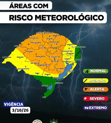 Região tem previsão de alerta para tempestades neste sábado